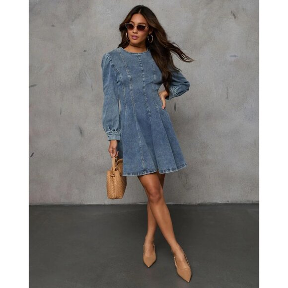 Women Denim Dress Long Sleeve Slim Fit Mini Ruffle High Waist Casual - Picture 6 of 6